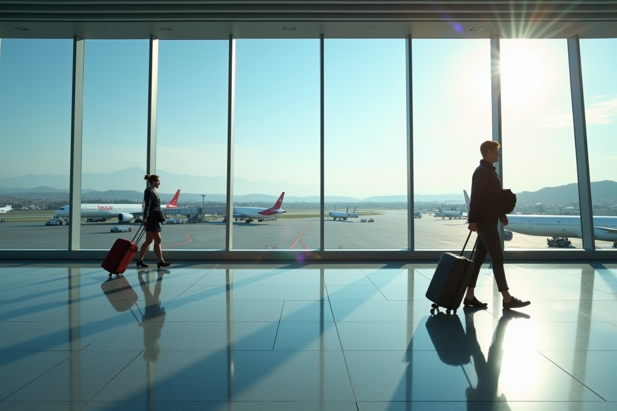 Voyageurs avec valises dans un aéroport lumineux avec vue sur Cappadocia