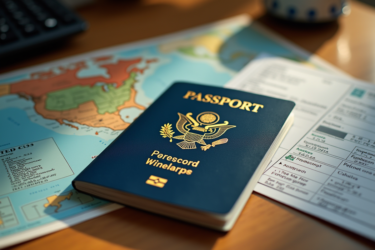 Passeport ouvert avec carte des Etats-Unis et billet de vol