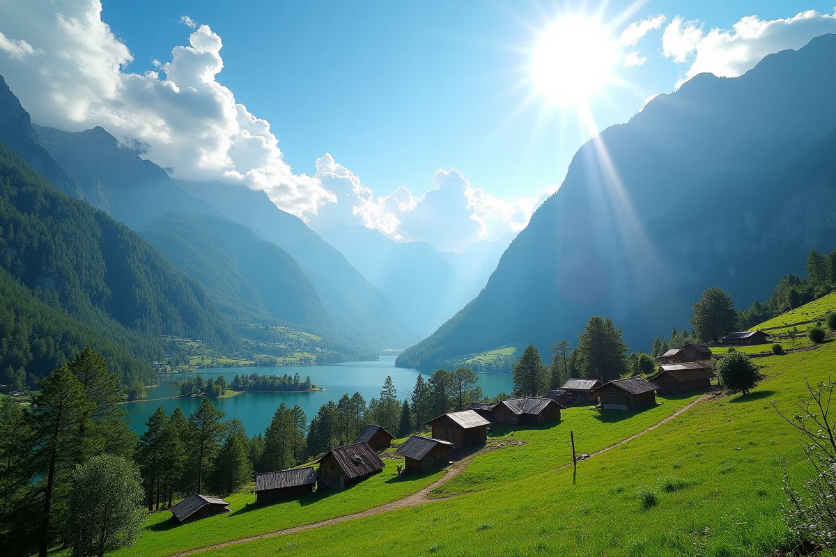Paysage panoramique avec montagnes et village traditionnel