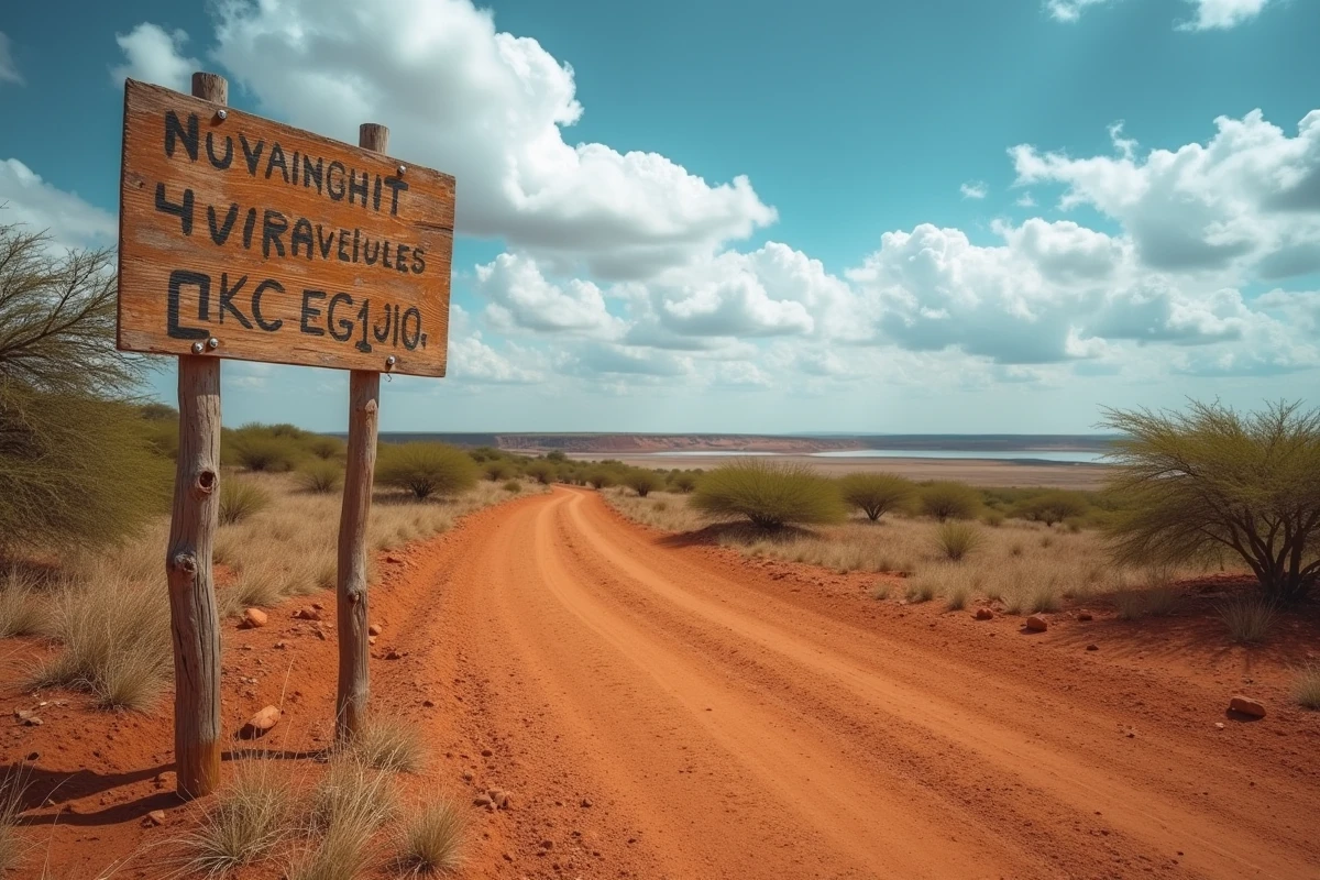 Paysage de vallée fluviale au Sénégal nord avec végétation de savane sahélienne, sol latéritique et panneau indicateur géographique en bois