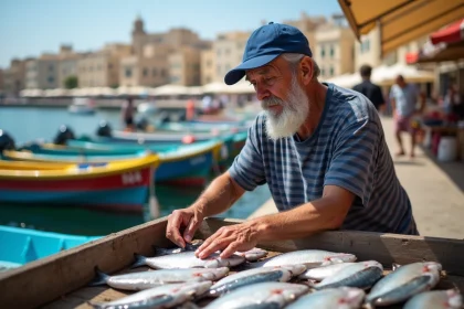 P&ecirc;cheur maltese &acirc;g&eacute; arrangeant des poissons frais au march&eacute;