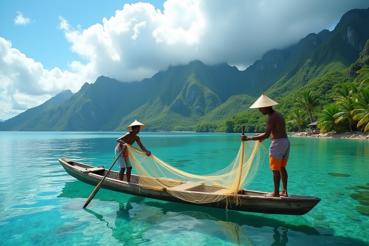 Pêcheur polynesien répare un filet sur un canoë en lagon turquoise