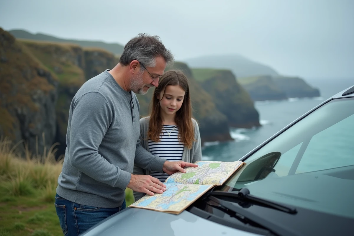 Père et fille consultant un atlas routier Michelin devant un paysage côtier atlantique lors d'un voyage en famille