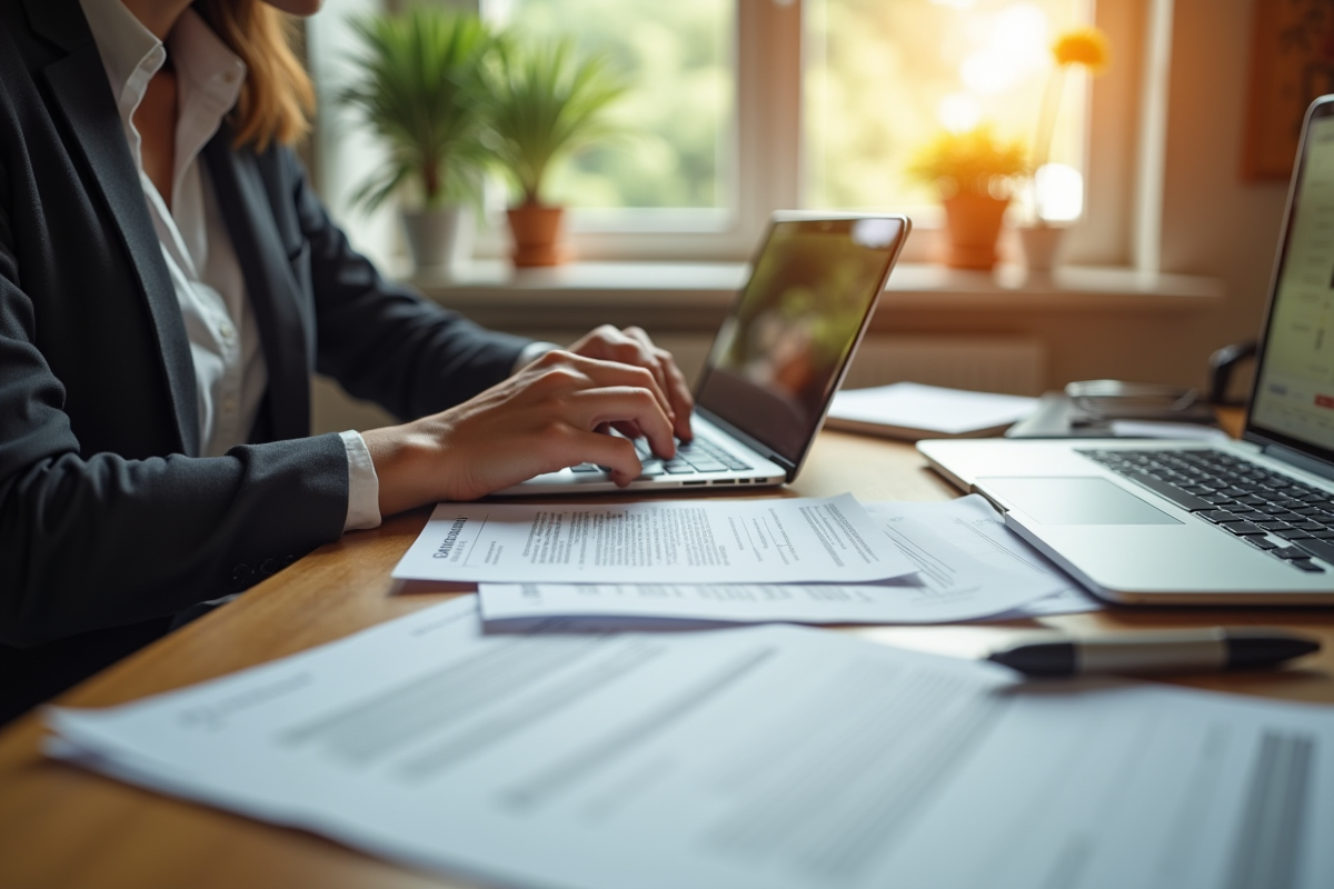 Personne travaillant à un bureau avec documents et formulaire de douane