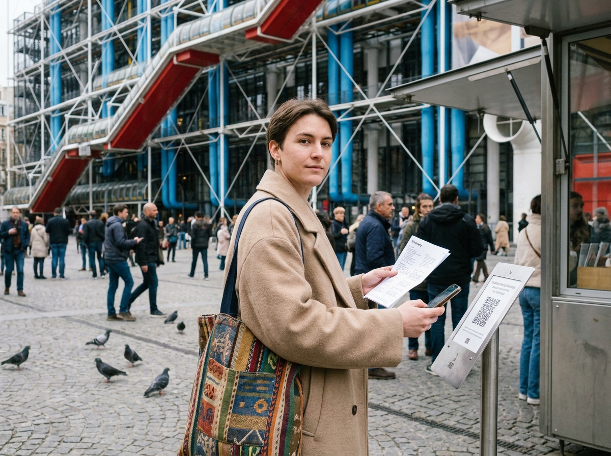 Personne non-binaire consultant son itinéraire LGBTQ+ devant le Centre Pompidou à Paris