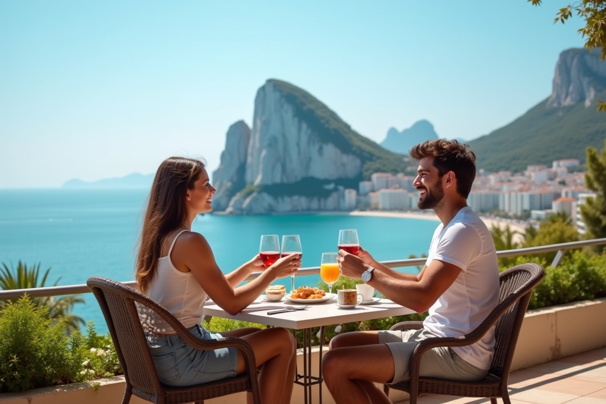 Jeune couple prenant le petit déjeuner avec vue sur Gibraltar