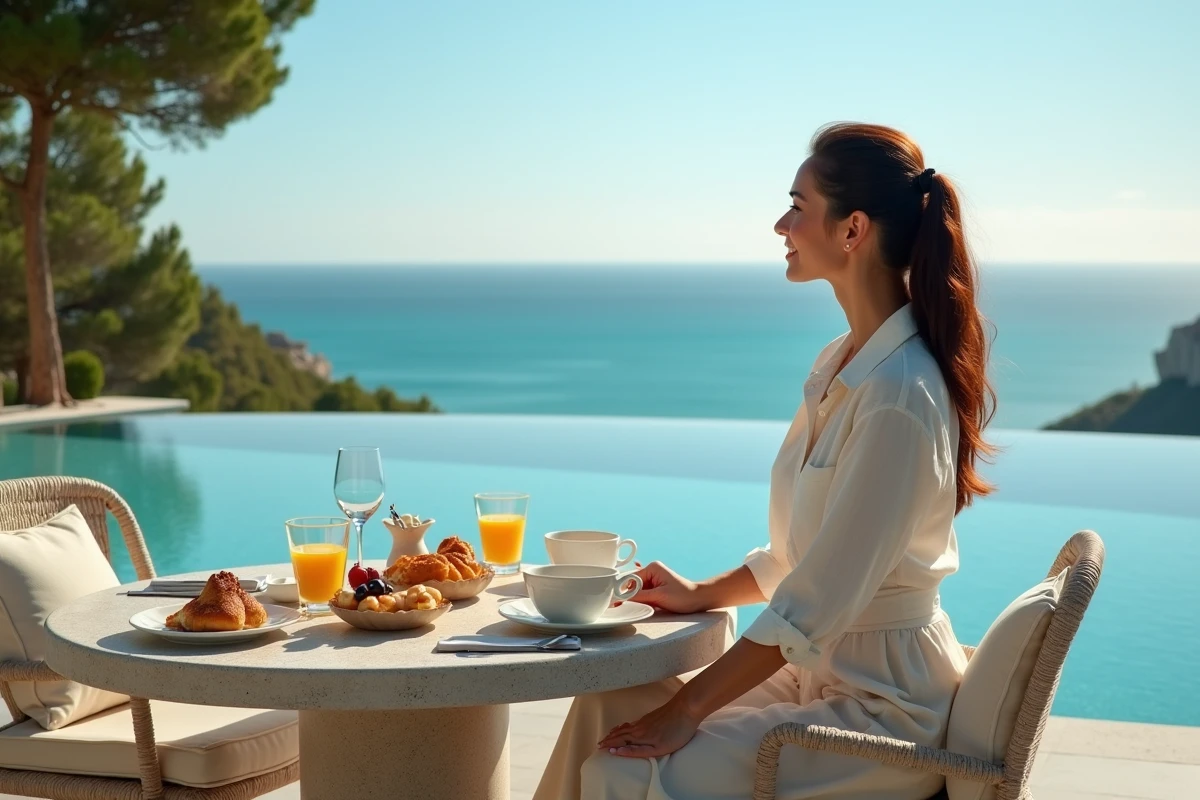 Femme profitant d un petit déjeuner au bord de la mer