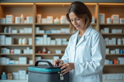 Pharmacienne en blouse blanche préparant un sac médical sécurisé