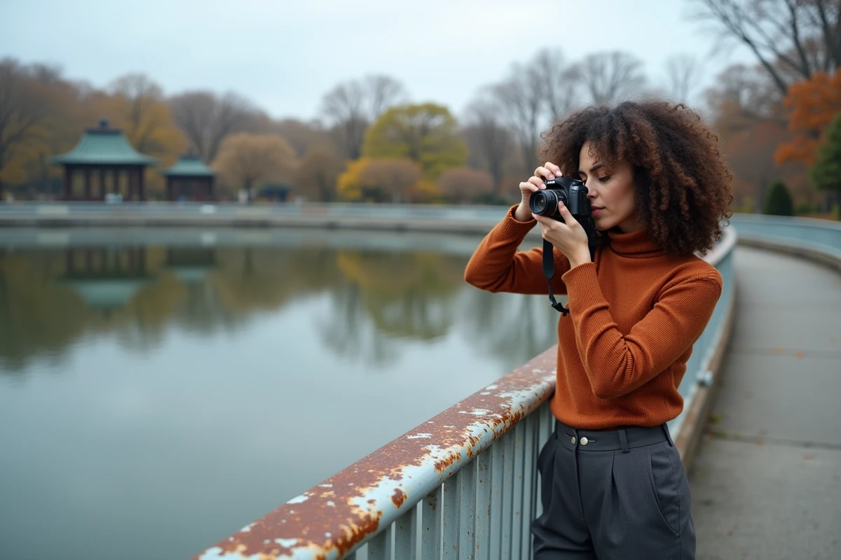 Photographe féminine sur un pont de Flushing Meadows Corona Park capturant le reflet du lac avec son appareil photo