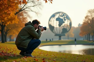 Photographe professionnel cadrant l'Unisphere de Corona Park Queens en automne depuis un angle bas sur la pelouse