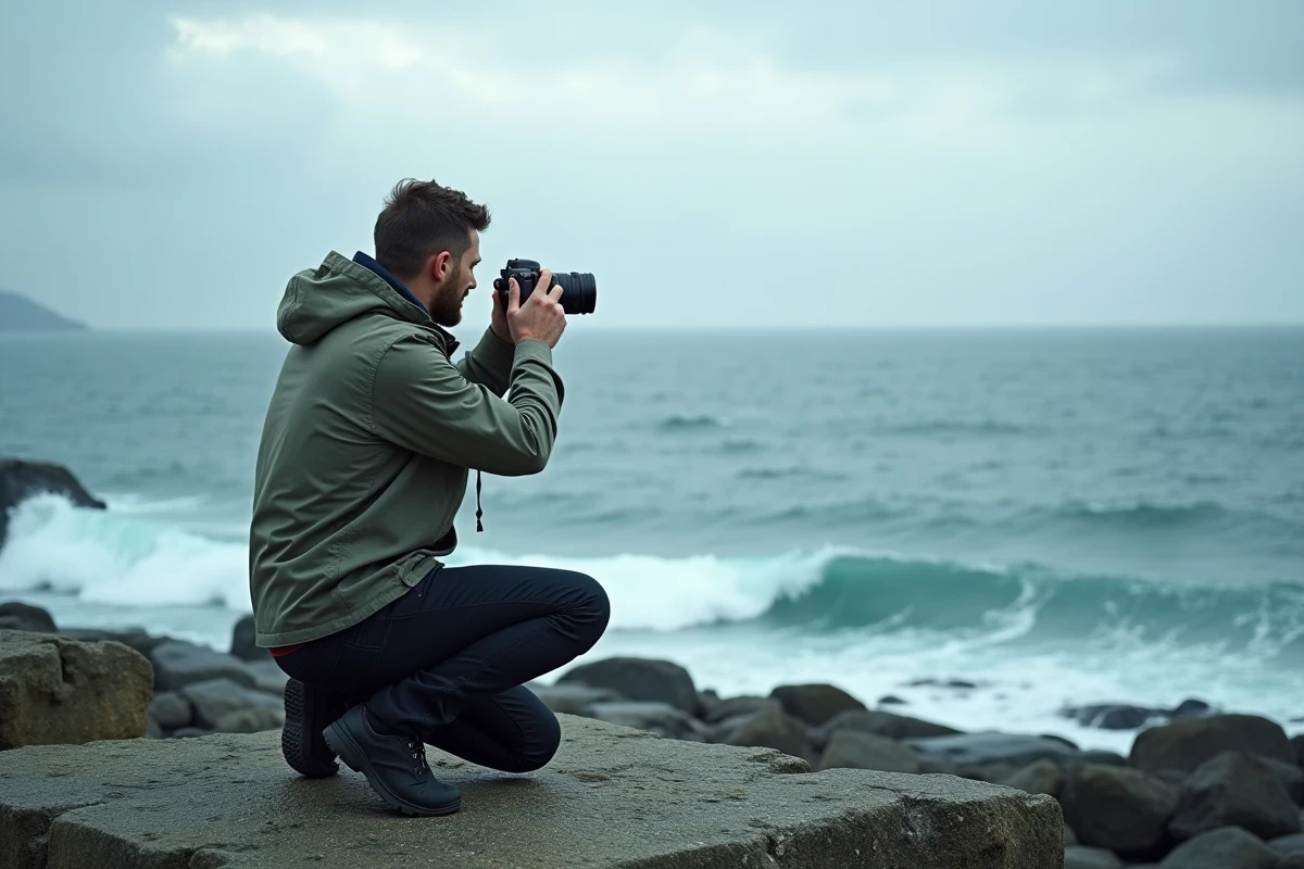 Photographe voyageur capturant un paysage côtier sauvage sur un promontoire rocheux, expérience photo immersive avec Aguila OneStrip