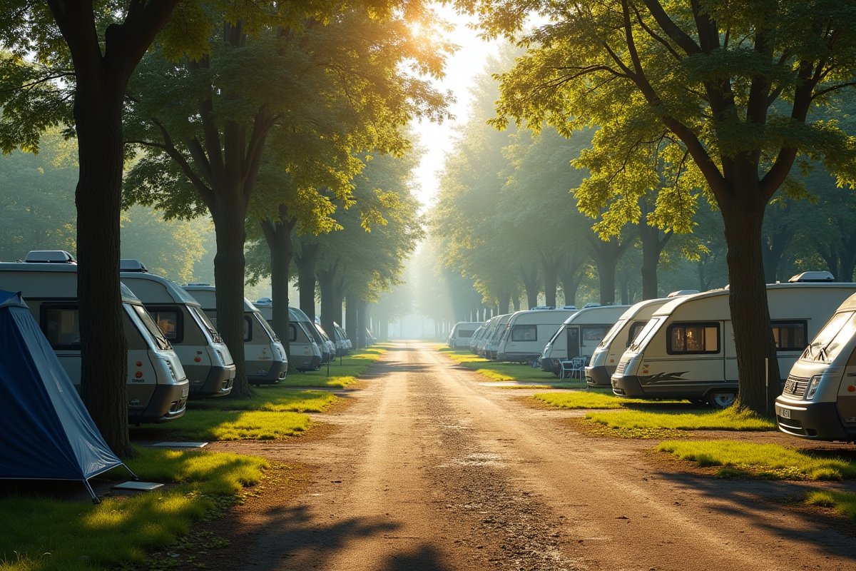 Pitches de camping vides avec branchements électriques au matin