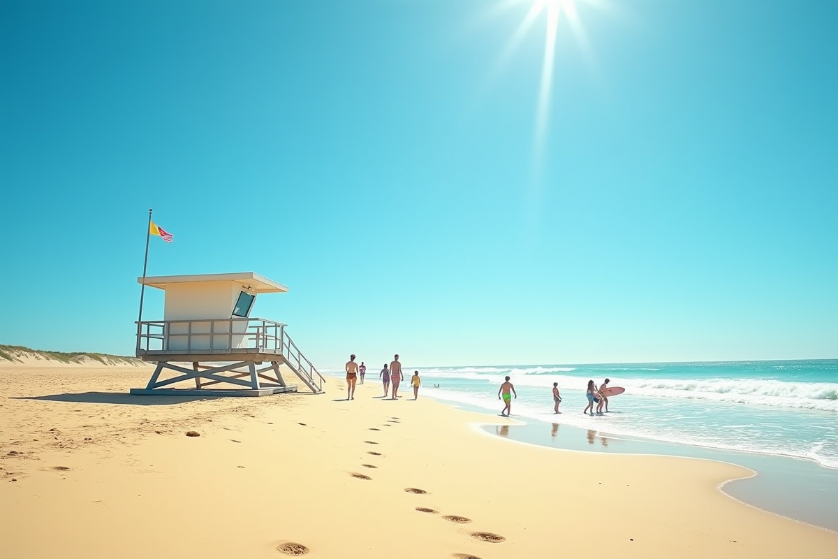 Plage australienne en été avec sable doré et surfeurs