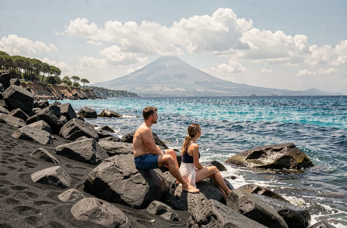 Couple sur une plage de sable noir volcanique près de l'Etna en Sicile sous ciel méditerranéen