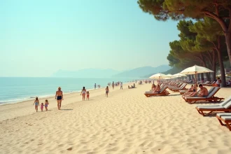 Plage de Toscane près de Pise avec parasols colorés, familles et pins méditerranéens en bord de mer