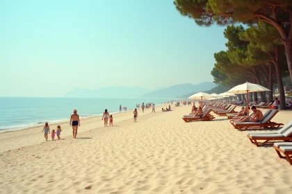 Plage de Toscane près de Pise avec parasols colorés, familles et pins méditerranéens en bord de mer