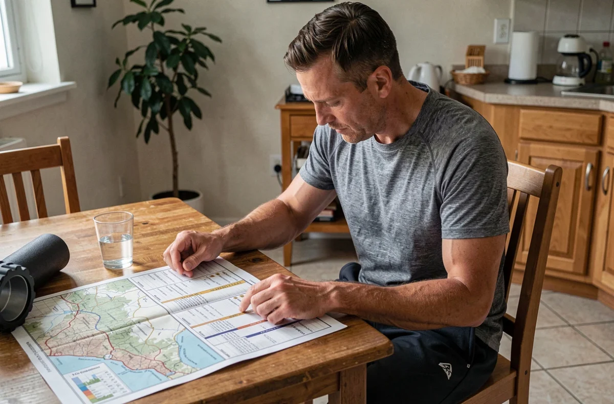 Randonneur préparant son plan d'entraînement pour le GR20 avec carte et programme posés sur une table en bois