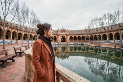 Femme en manteau de laine devant la Plaza de España à Séville en hiver, azulejos et canal en reflet