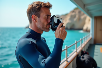 Homme en combinaison de plongée préparant sa plongée sur un bateau