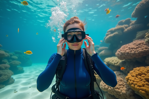 Jeune femme en combinaison de plongée sous-marine dans un récif
