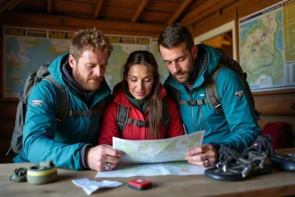Randonneurs préparant leur ascension du Kilimandjaro dans un refuge de montagne avec carte topographique et équipements techniques