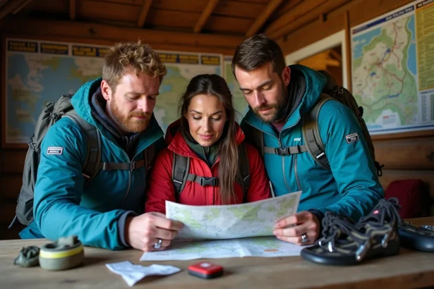 Randonneurs préparant leur ascension du Kilimandjaro dans un refuge de montagne avec carte topographique et équipements techniques