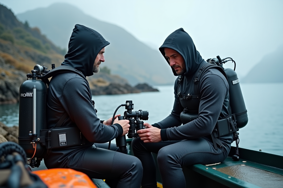 Deux hommes en combinaisons sèches préparant leur équipement de plongée