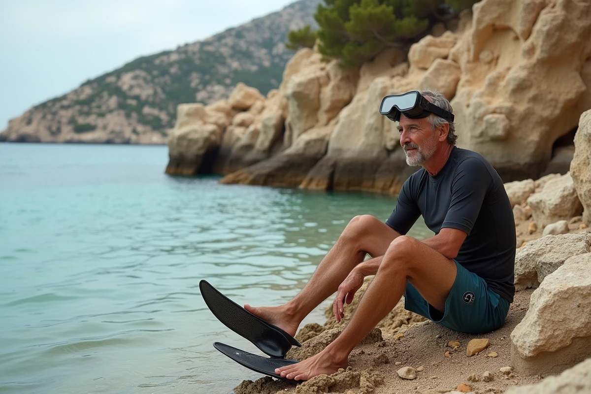 Homme se pr&eacute;parant pour le snorkeling sur les rochers de Cala d'Orzu en Corse avant d'entrer dans l'eau turquoise