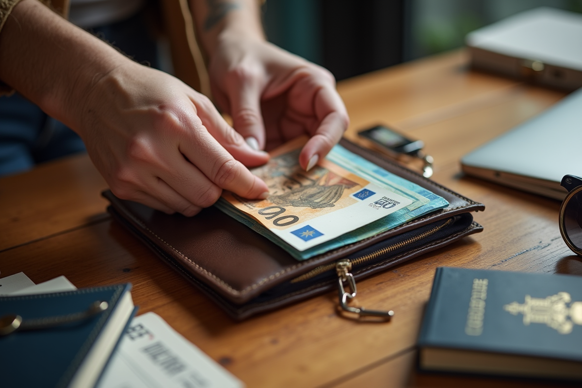 Main remplissant un portefeuille avec des billets euros et un passeport sur une table en bois