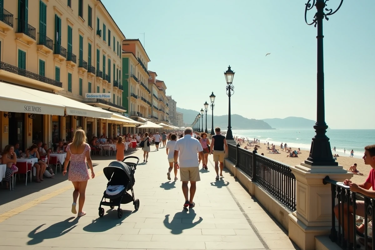 Promenade animée de Viareggio en Toscane avec touristes, cafés et architecture Art nouveau en bord de mer