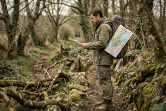 Randonneur équipé étudiant une carte topographique avant d'explorer un village abandonné isolé en France