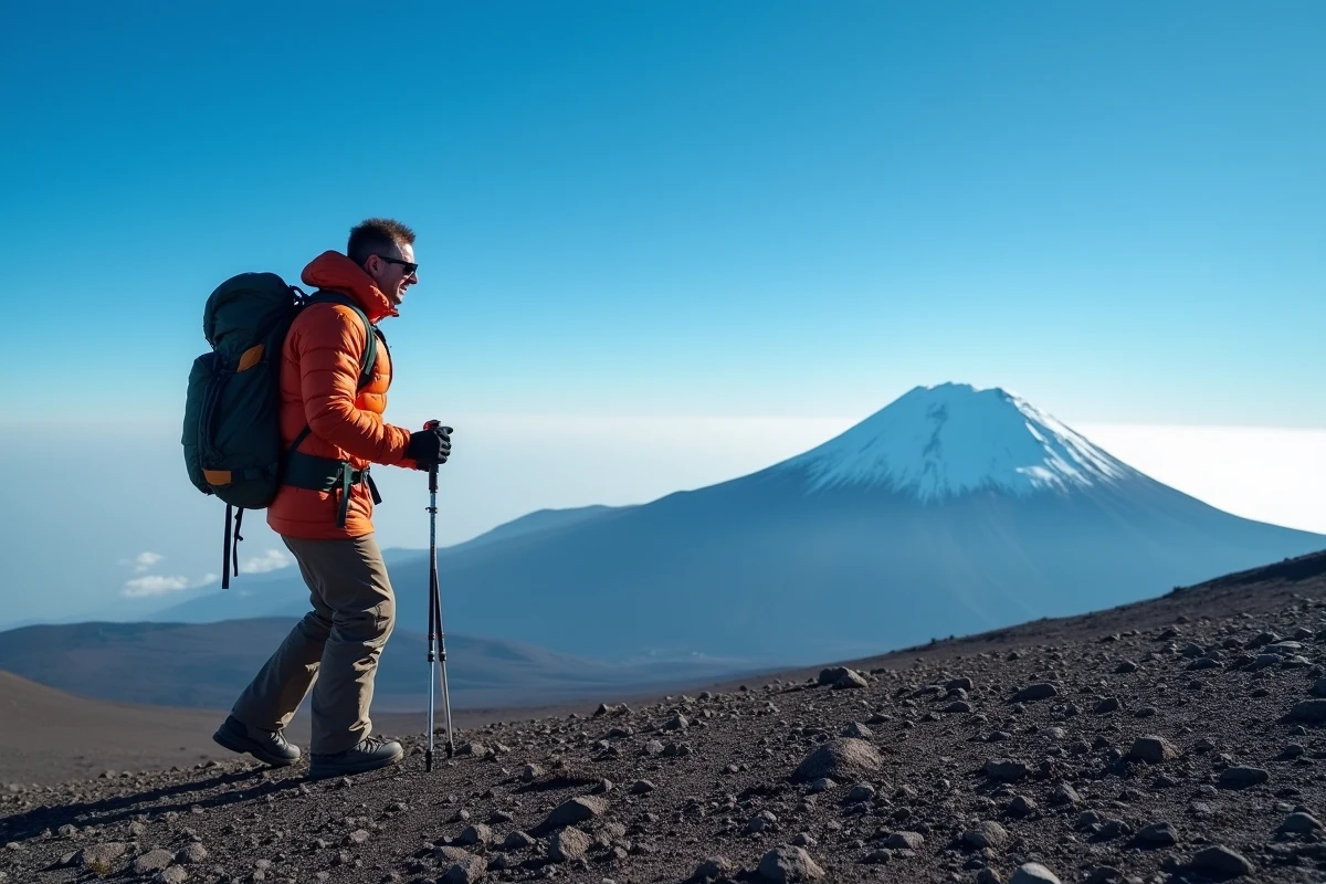 Randonneur en combinaison haute altitude sur les pentes volcaniques du Kilimandjaro avec le sommet enneigé en arrière-plan