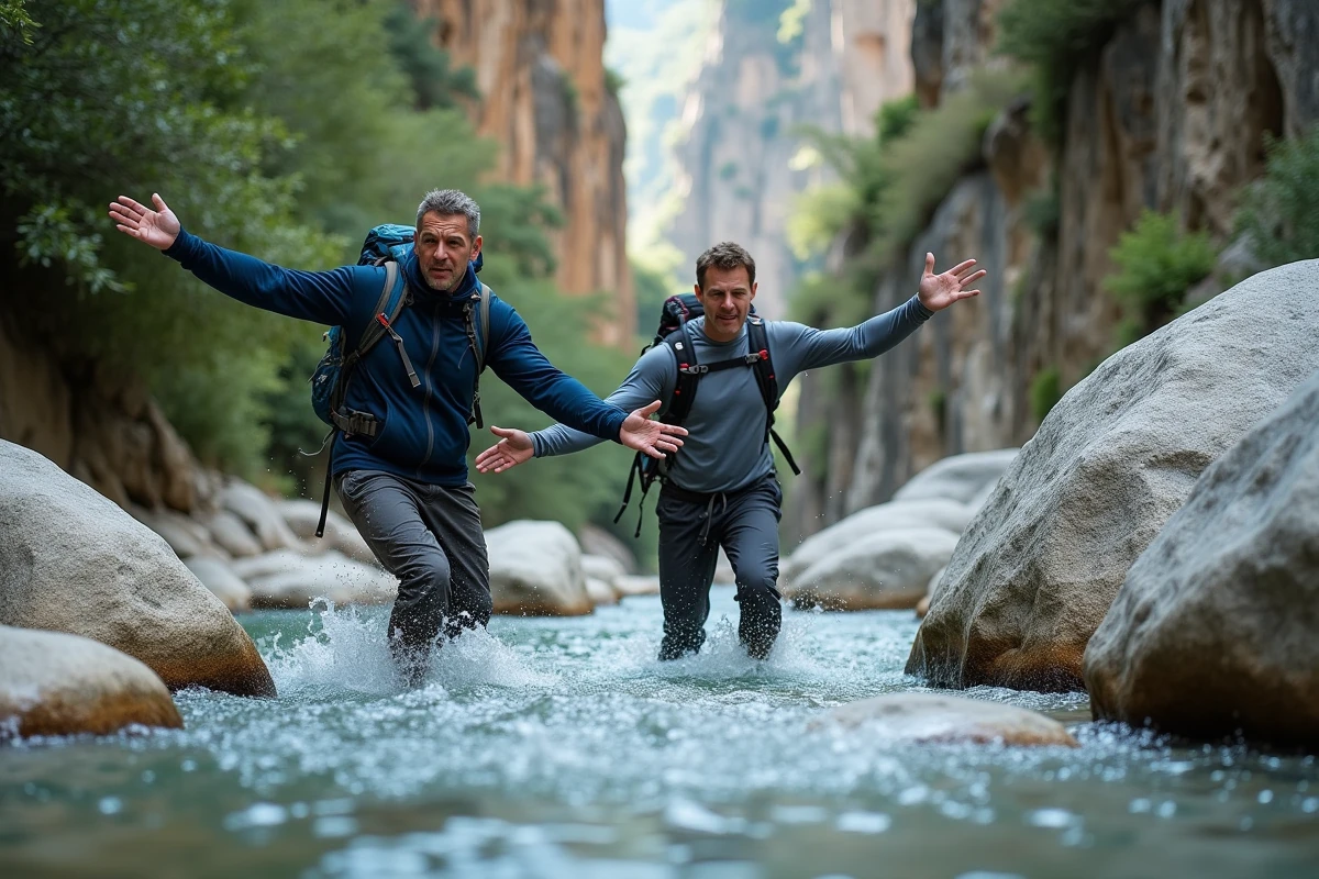 Deux randonneurs traversant le lit de rivière rocheux au fond des gorges de Gorropu