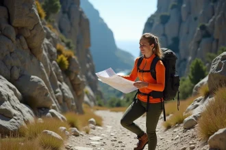 Randonneuse consultant une carte sur le sentier rocheux des gorges de Gorropu en Sardaigne