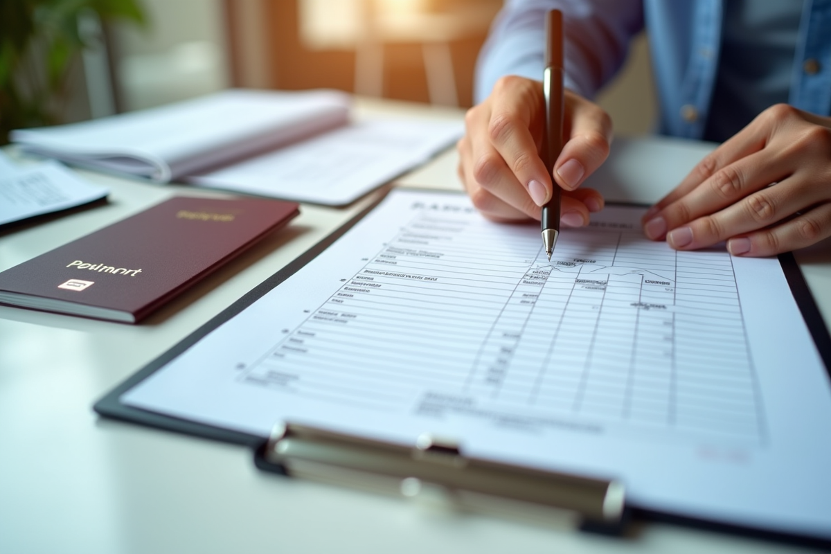 Mains remplissant une déclaration de douane sur une table