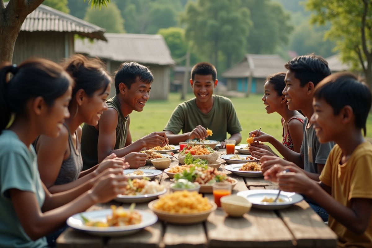Groupe de personnes partageant un repas en plein air dans un village rural
