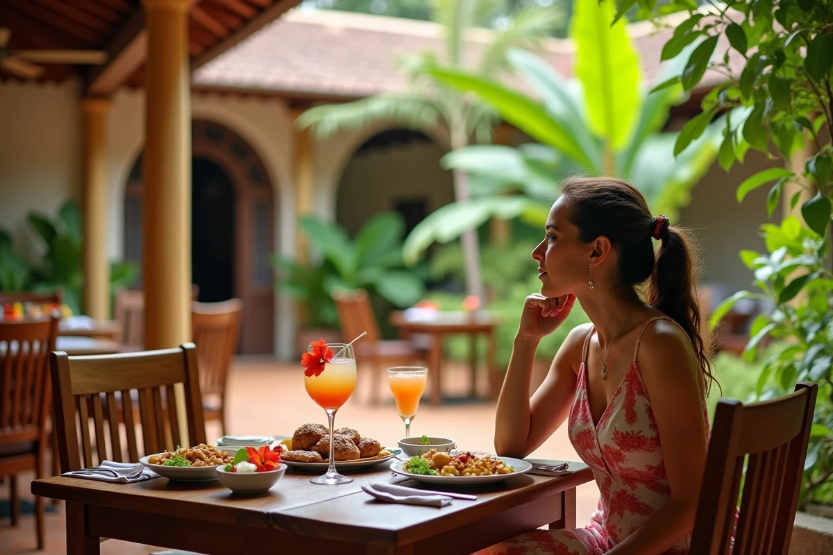 Femme profitant d'un repas tout compris dans un restaurant de resort en République Dominicaine lors d'un voyage depuis Lyon