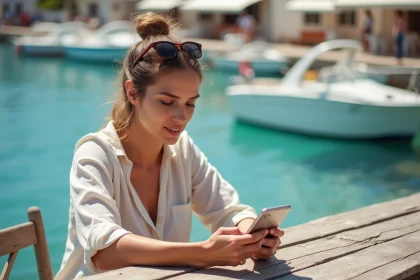 Femme consultant son smartphone pour réserver un bateau vers l'île de Porquerolles depuis un port méditerranéen