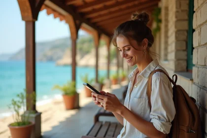 Jeune femme réservant un billet de train en ligne sur son smartphone depuis une gare côtière en Corse
