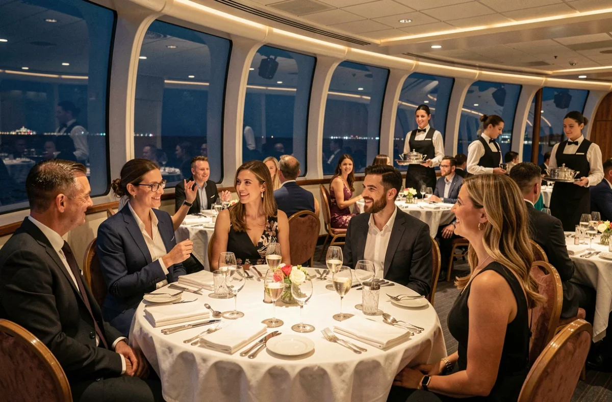 Salle de restaurant élégante d'un paquebot de croisière avec passagers attablés pour un dîner en mer