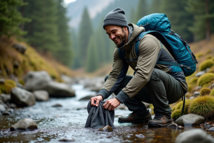 Homme en pleine nature rinçant un tissu de voyage en forêt