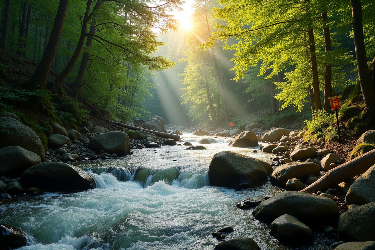 Rivière ensoleillée avec rochers et panneaux d