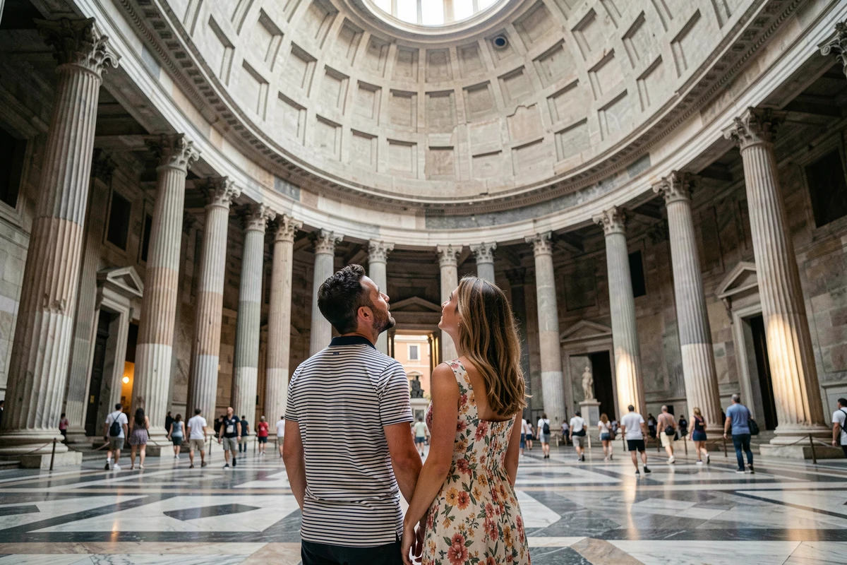 Couple admirant l'oculus du Panthéon à Rome lors d'une visite à pied