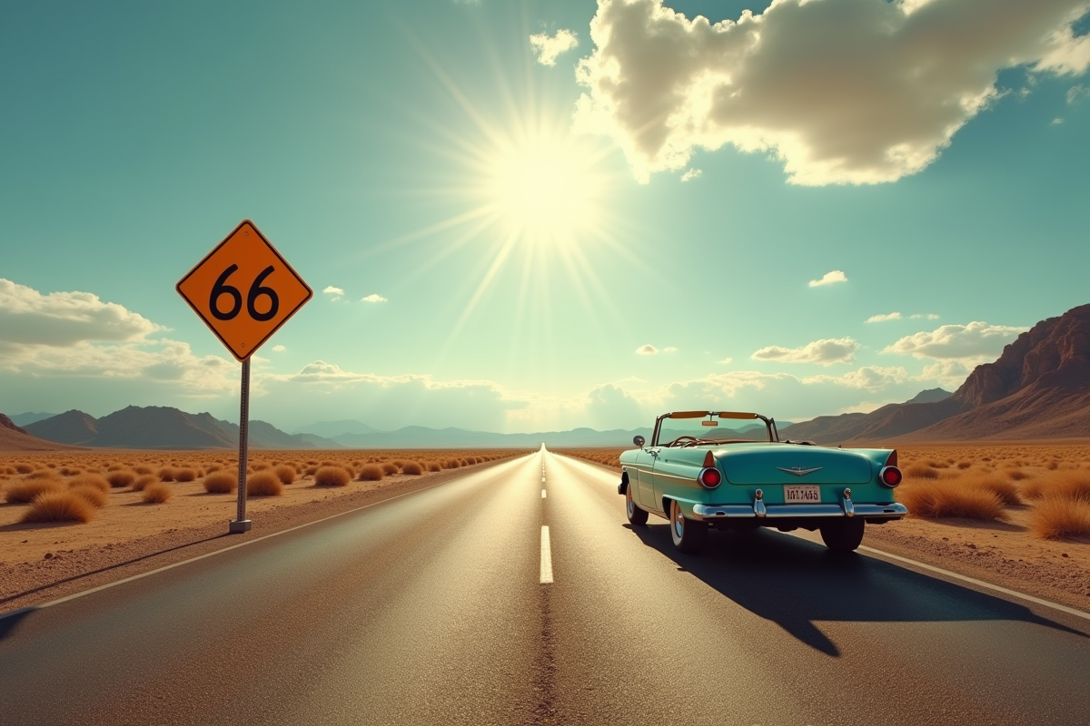 Route 66 dans le désert américain avec voiture décapotable