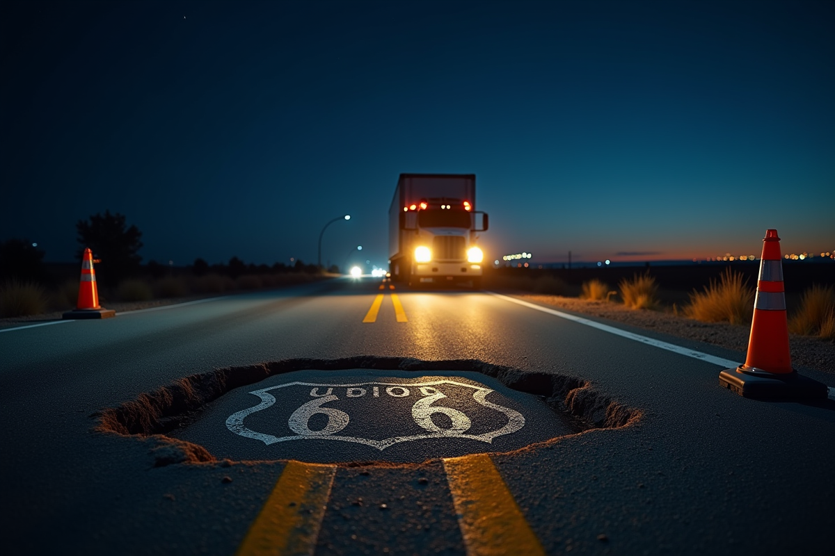 Scène nocturne sur Route 66 avec phares et cônes de sécurité