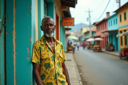 Homme jama&iuml;cain appuy&eacute; contre un b&acirc;timent colonial color&eacute; dans les rues anim&eacute;es du centre-ville de Kingston, Jama&iuml;que