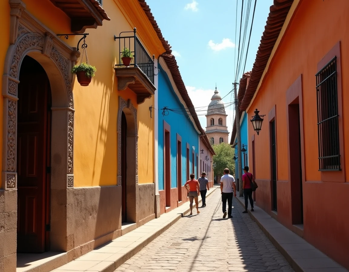 Rue coloniale de Le&oacute;n au Nicaragua, ancienne capitale historique, avec b&acirc;timents color&eacute;s en stuc et habitants locaux