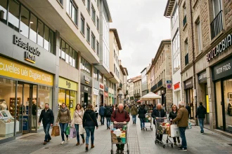 Rue commerçante animée à la frontière espagnole avec des boutiques duty-free et des acheteurs portant des sacs de courses à Dancharia