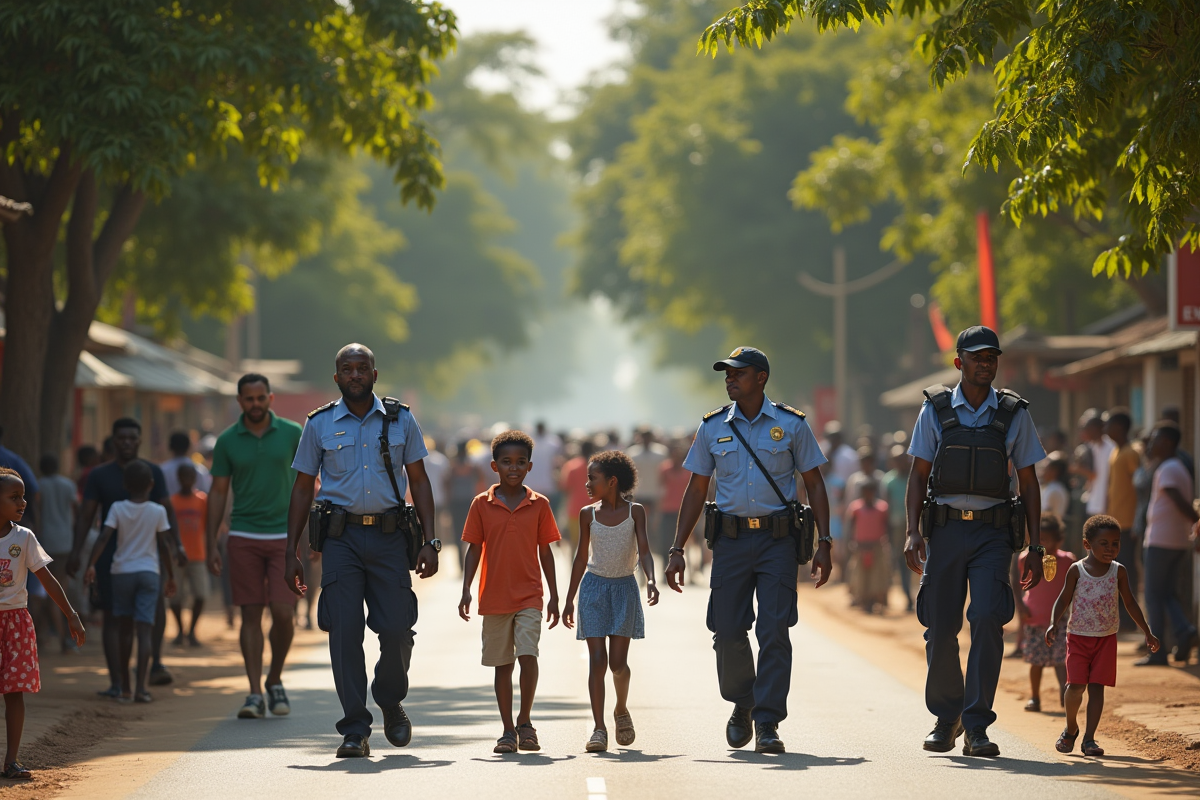Rue animée à Dar es Salaam avec familles et policiers