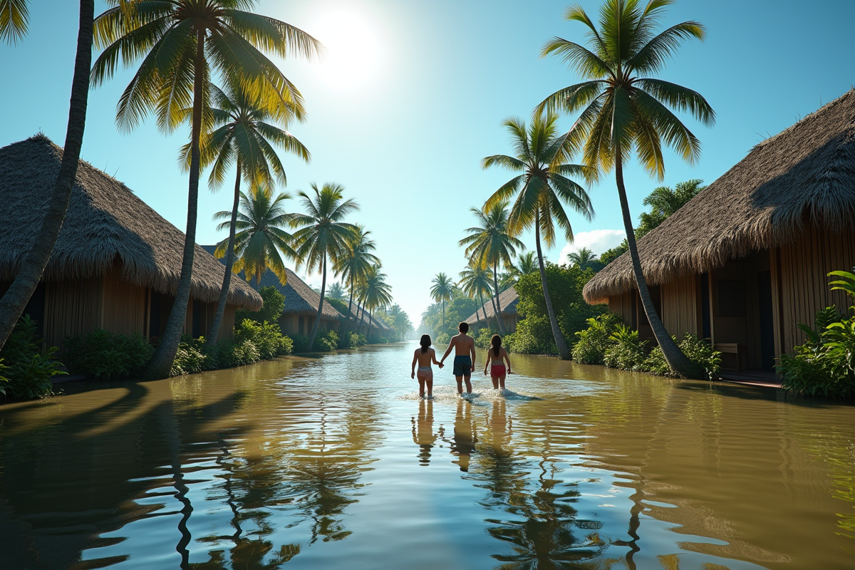 Rue inondée dans un village polynésien avec enfants nageant
